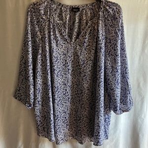 Navy blue and white ditsy floral split neck top